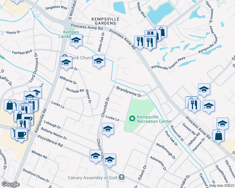map of restaurants, bars, coffee shops, grocery stores, and more near 4912 Saratoga Circle in Virginia Beach
