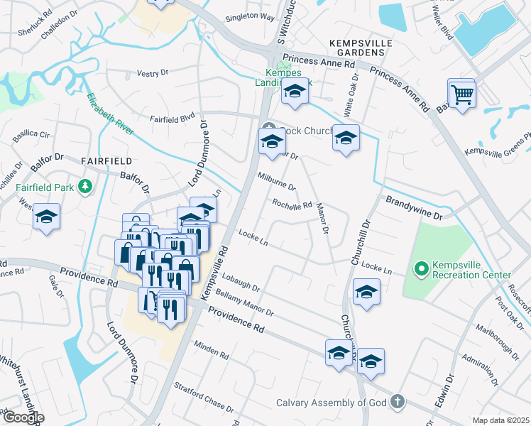 map of restaurants, bars, coffee shops, grocery stores, and more near 5136 Hemlock Avenue in Virginia Beach