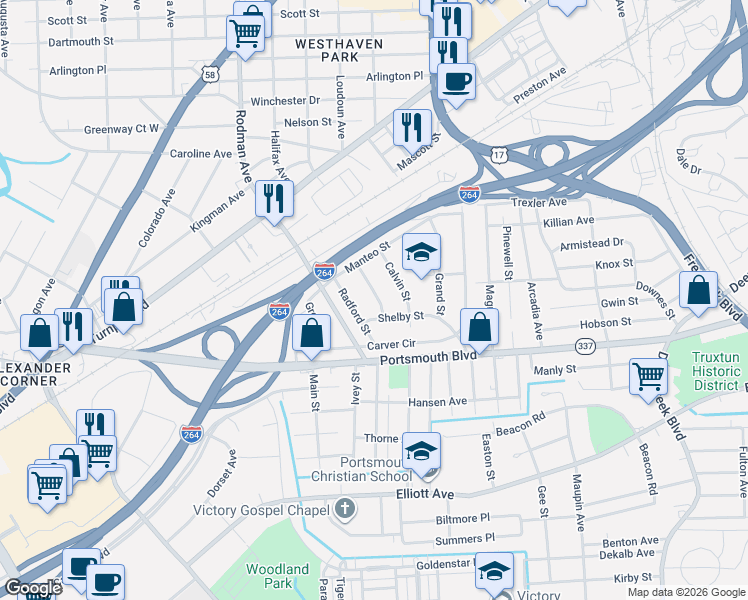 map of restaurants, bars, coffee shops, grocery stores, and more near 23 Neville Street in Portsmouth