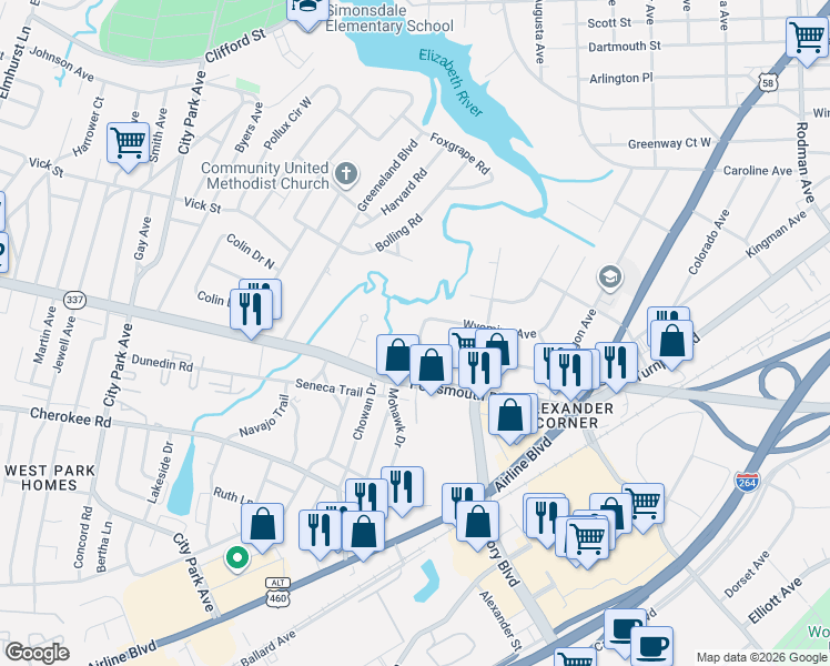 map of restaurants, bars, coffee shops, grocery stores, and more near 136 Oregon Avenue in Portsmouth