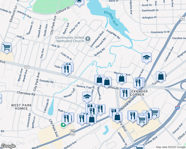 map of restaurants, bars, coffee shops, grocery stores, and more near 11 Bradley Avenue in Portsmouth