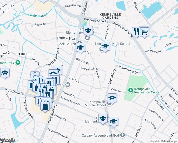 map of restaurants, bars, coffee shops, grocery stores, and more near 5101 Rochelle Road in Virginia Beach