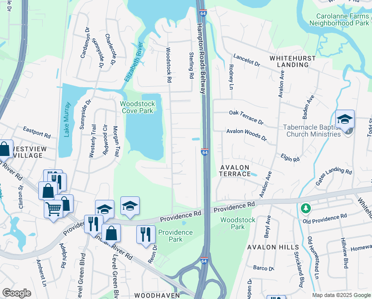 map of restaurants, bars, coffee shops, grocery stores, and more near 752 Woodstock Road in Virginia Beach