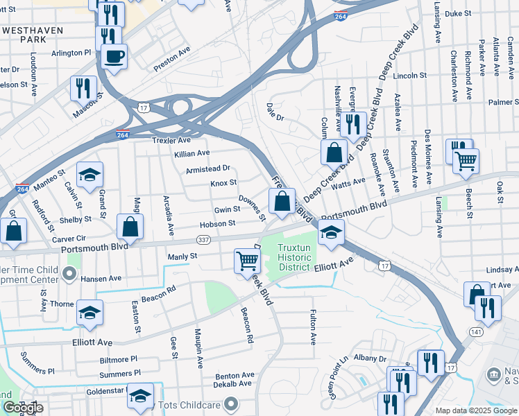 map of restaurants, bars, coffee shops, grocery stores, and more near 21 Dewey Street in Portsmouth