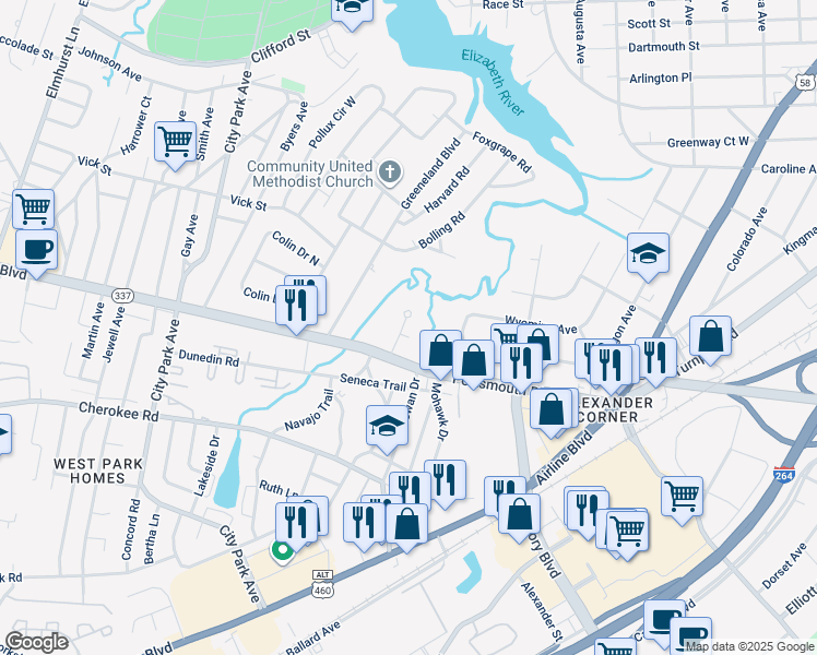 map of restaurants, bars, coffee shops, grocery stores, and more near 11 Bradley Avenue in Portsmouth