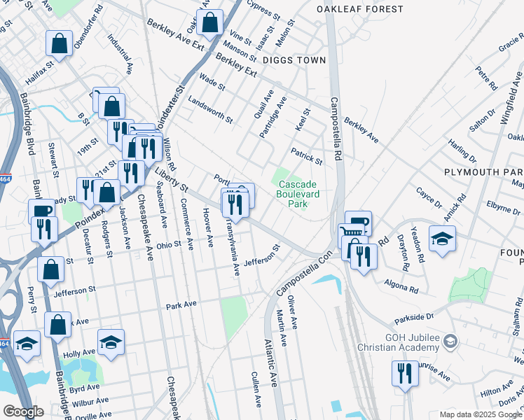 map of restaurants, bars, coffee shops, grocery stores, and more near 1092 Cascade Boulevard in Chesapeake