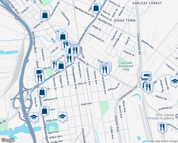 map of restaurants, bars, coffee shops, grocery stores, and more near 1135 Commerce Avenue in Chesapeake