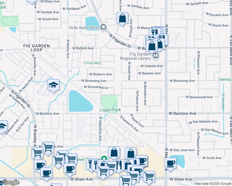 map of restaurants, bars, coffee shops, grocery stores, and more near 5526 North Tamera Avenue in Fresno