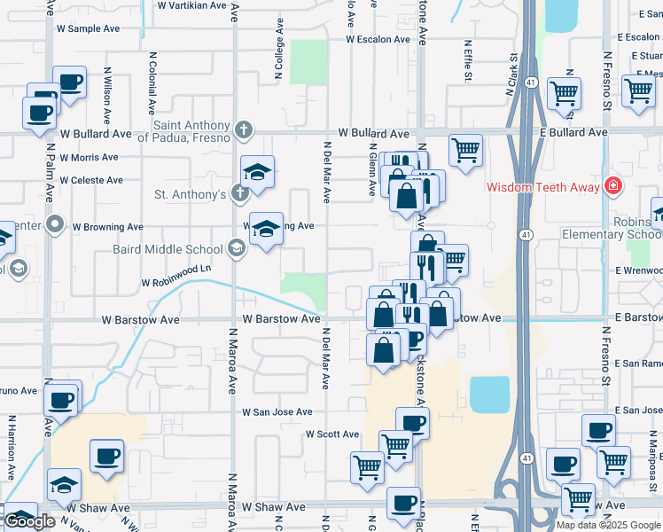 map of restaurants, bars, coffee shops, grocery stores, and more near 5516 North Del Mar Avenue in Fresno