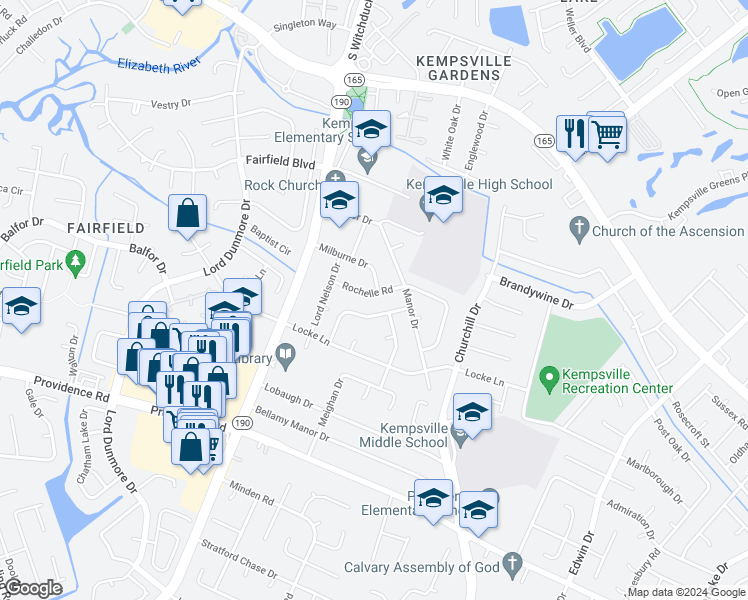map of restaurants, bars, coffee shops, grocery stores, and more near 5101 Rochelle Road in Virginia Beach