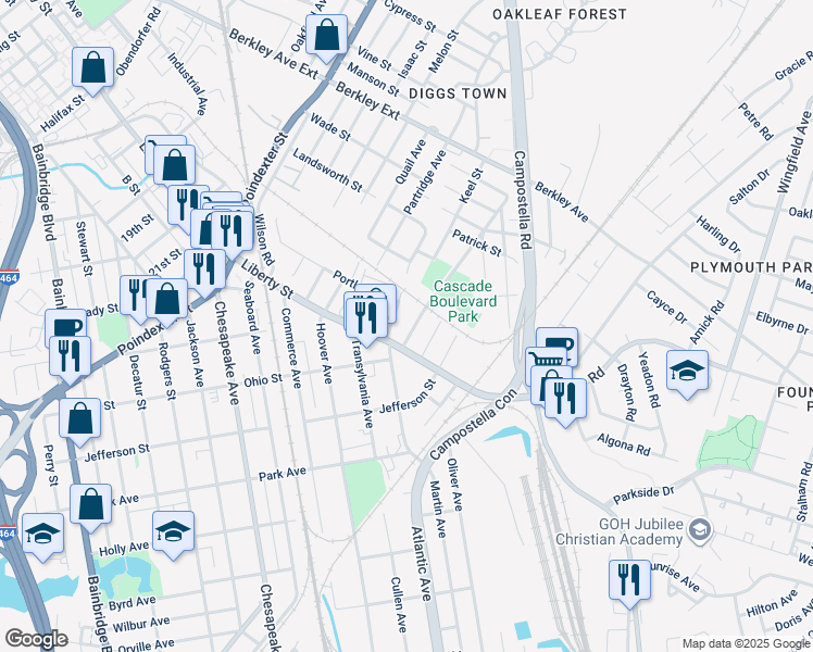 map of restaurants, bars, coffee shops, grocery stores, and more near 1092 Cascade Boulevard in Chesapeake