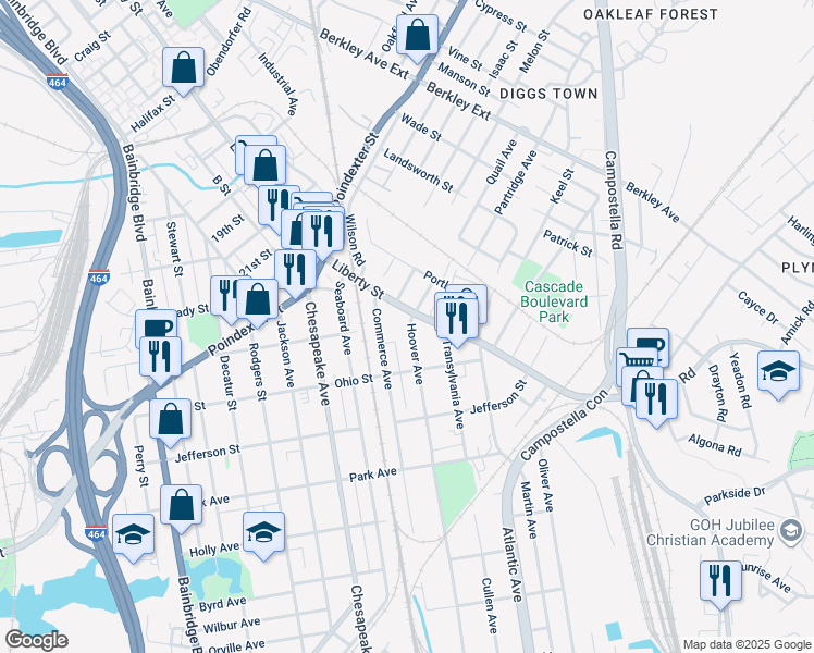 map of restaurants, bars, coffee shops, grocery stores, and more near 1114 Hoover Avenue in Chesapeake