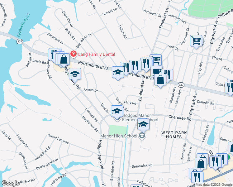 map of restaurants, bars, coffee shops, grocery stores, and more near 203 Sequoia Road in Portsmouth