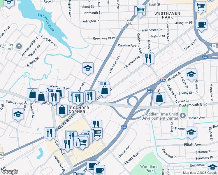 map of restaurants, bars, coffee shops, grocery stores, and more near 3920 Virginia 337 Alternate in Portsmouth