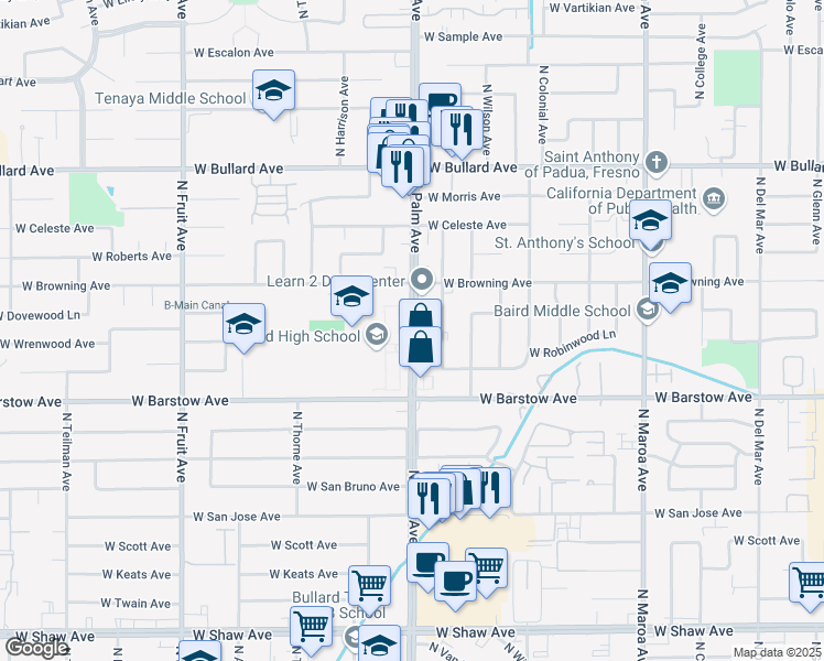 map of restaurants, bars, coffee shops, grocery stores, and more near 5445 North Palm Avenue in Fresno