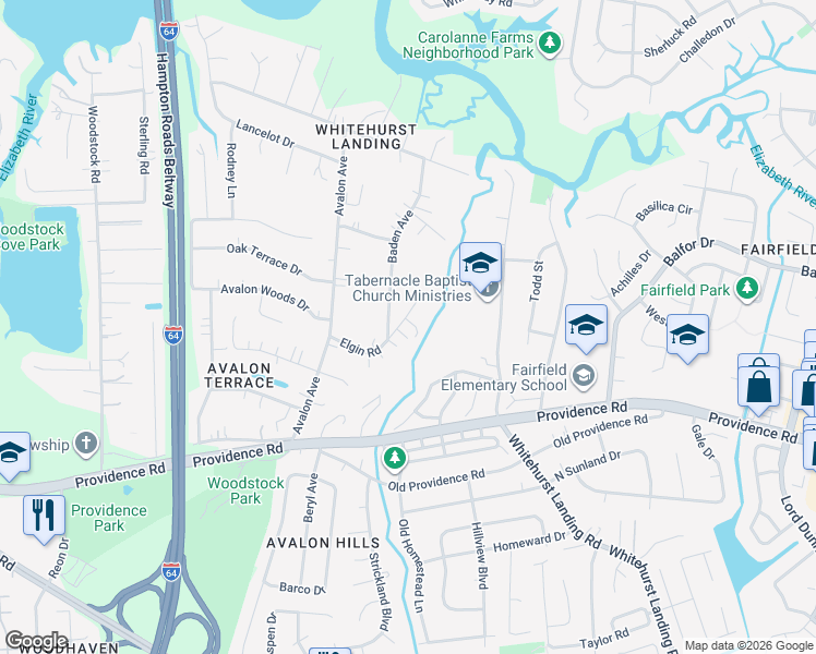 map of restaurants, bars, coffee shops, grocery stores, and more near 5513 Elgin Road in Virginia Beach