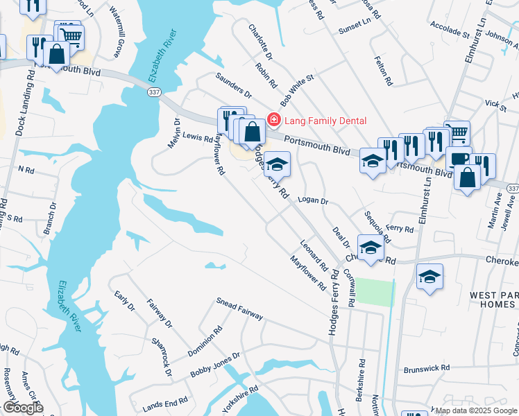 map of restaurants, bars, coffee shops, grocery stores, and more near 225 Mayflower Road in Portsmouth