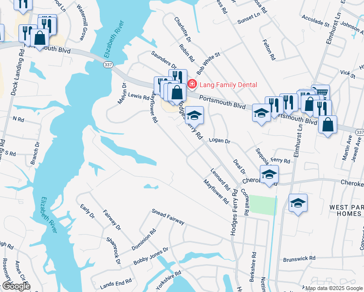 map of restaurants, bars, coffee shops, grocery stores, and more near 225 Mayflower Road in Portsmouth