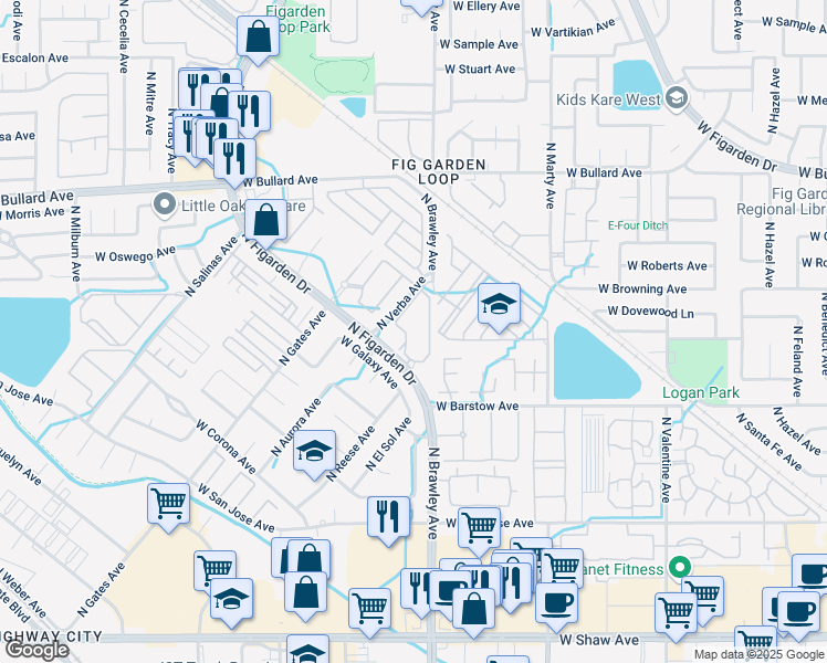 map of restaurants, bars, coffee shops, grocery stores, and more near 5466 North Figarden Drive in Fresno