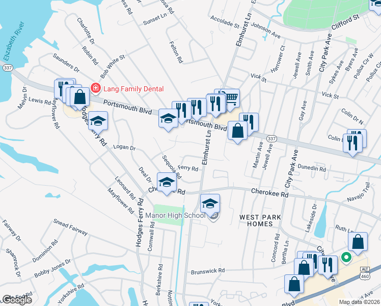 map of restaurants, bars, coffee shops, grocery stores, and more near 602 Apache Road in Portsmouth