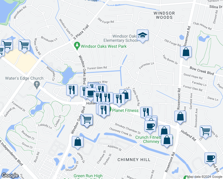 map of restaurants, bars, coffee shops, grocery stores, and more near 648 Governors Way in Virginia Beach
