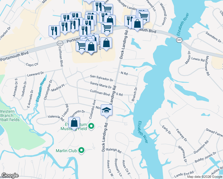 map of restaurants, bars, coffee shops, grocery stores, and more near 2205 Dock Landing Road in Chesapeake
