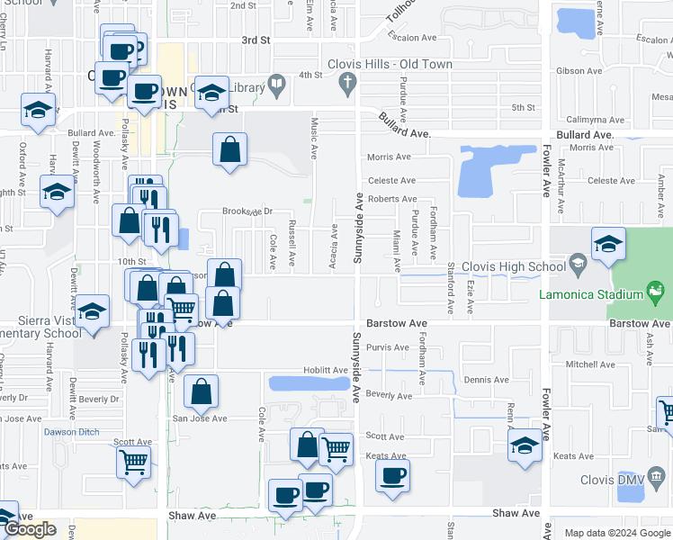 map of restaurants, bars, coffee shops, grocery stores, and more near 1271 Jefferson Avenue in Clovis