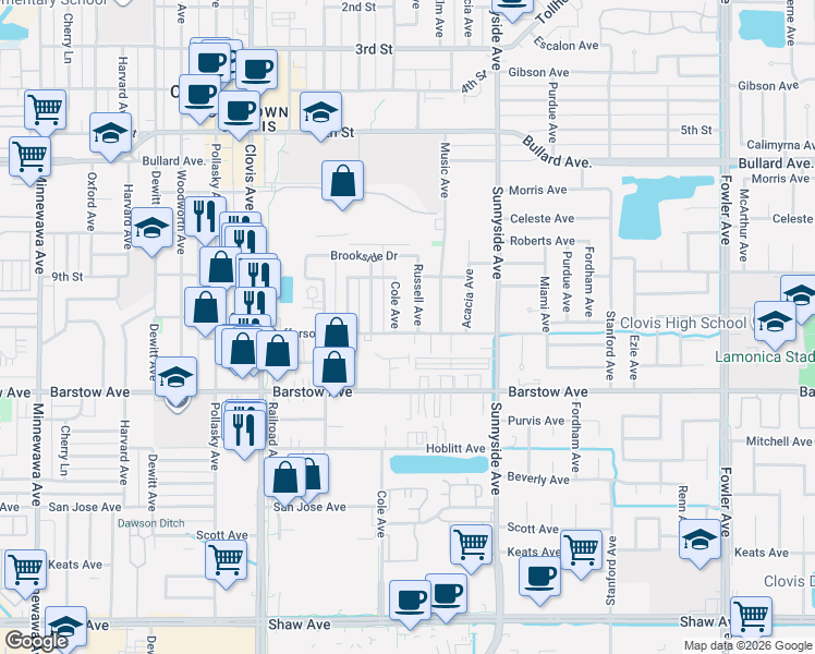 map of restaurants, bars, coffee shops, grocery stores, and more near 1142 Jefferson Avenue in Clovis