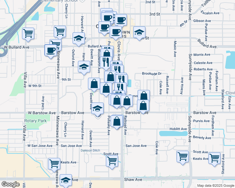 map of restaurants, bars, coffee shops, grocery stores, and more near 621 Lincoln Avenue in Clovis