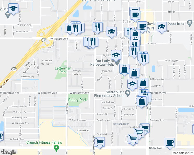 map of restaurants, bars, coffee shops, grocery stores, and more near 1029 Minnewawa Avenue in Clovis