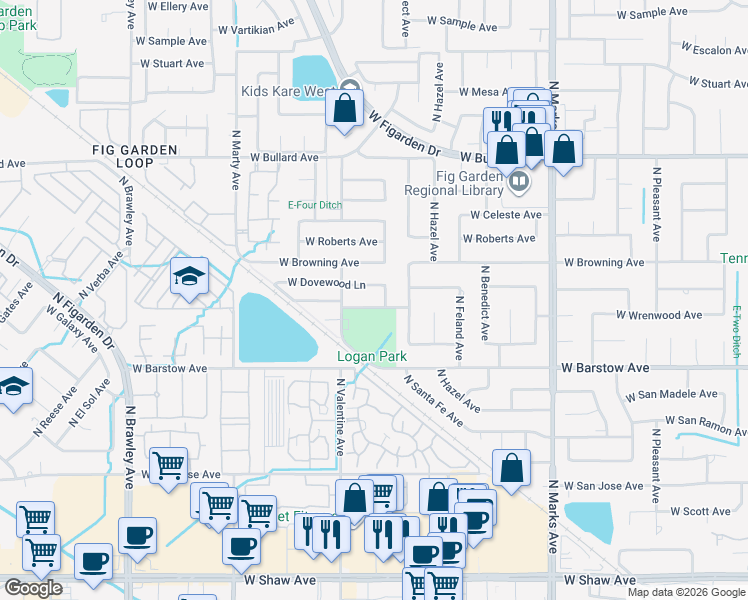 map of restaurants, bars, coffee shops, grocery stores, and more near 5526 North Tamera Avenue in Fresno