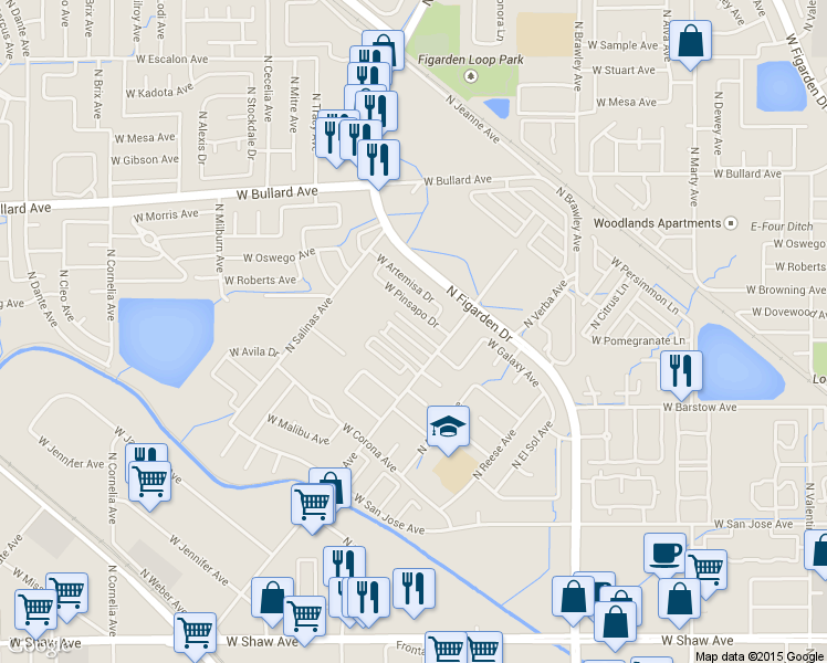 map of restaurants, bars, coffee shops, grocery stores, and more near 4319 West Regency Avenue in Fresno