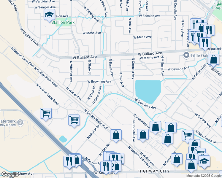 map of restaurants, bars, coffee shops, grocery stores, and more near 5532 North Barcus Avenue in Fresno