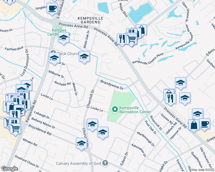 map of restaurants, bars, coffee shops, grocery stores, and more near 4912 Saratoga Circle in Virginia Beach