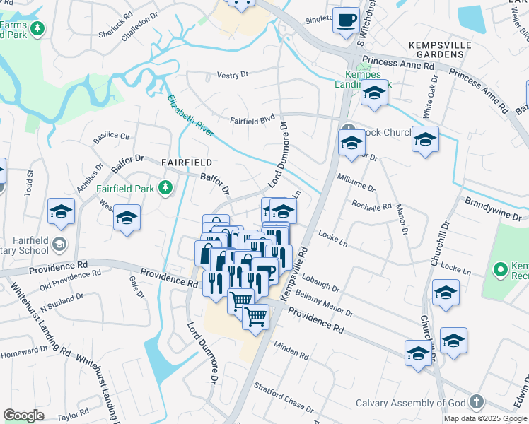 map of restaurants, bars, coffee shops, grocery stores, and more near 5210 Calico Court in Virginia Beach