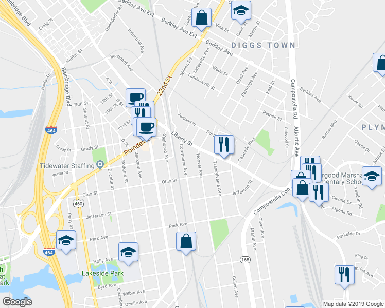 map of restaurants, bars, coffee shops, grocery stores, and more near 1124 Hoover Avenue in Chesapeake