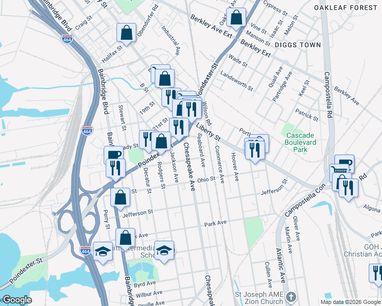 map of restaurants, bars, coffee shops, grocery stores, and more near 1049 Chesapeake Avenue in Chesapeake