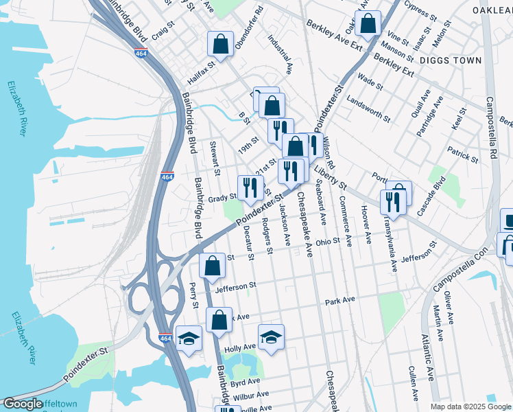 map of restaurants, bars, coffee shops, grocery stores, and more near 1116 Poindexter Street in Chesapeake