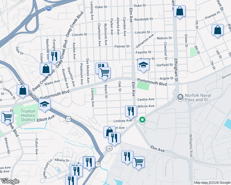 map of restaurants, bars, coffee shops, grocery stores, and more near 1241 Summit Avenue in Portsmouth