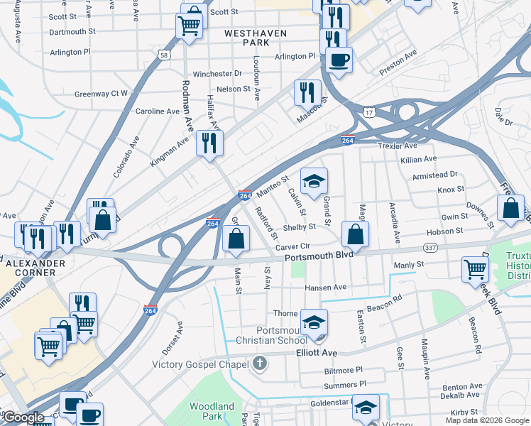 map of restaurants, bars, coffee shops, grocery stores, and more near 36 Radford Street in Portsmouth