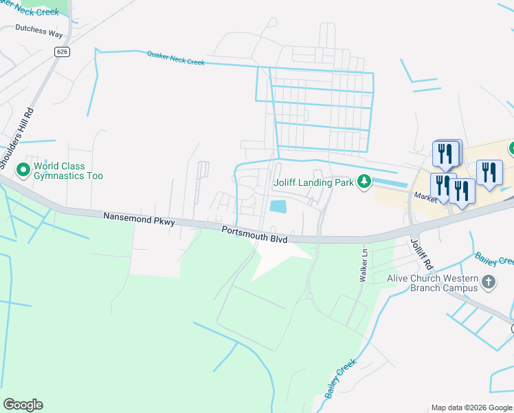 map of restaurants, bars, coffee shops, grocery stores, and more near 5032 Portsmouth Boulevard in Chesapeake