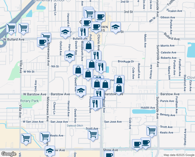 map of restaurants, bars, coffee shops, grocery stores, and more near 621 Lincoln Avenue in Clovis