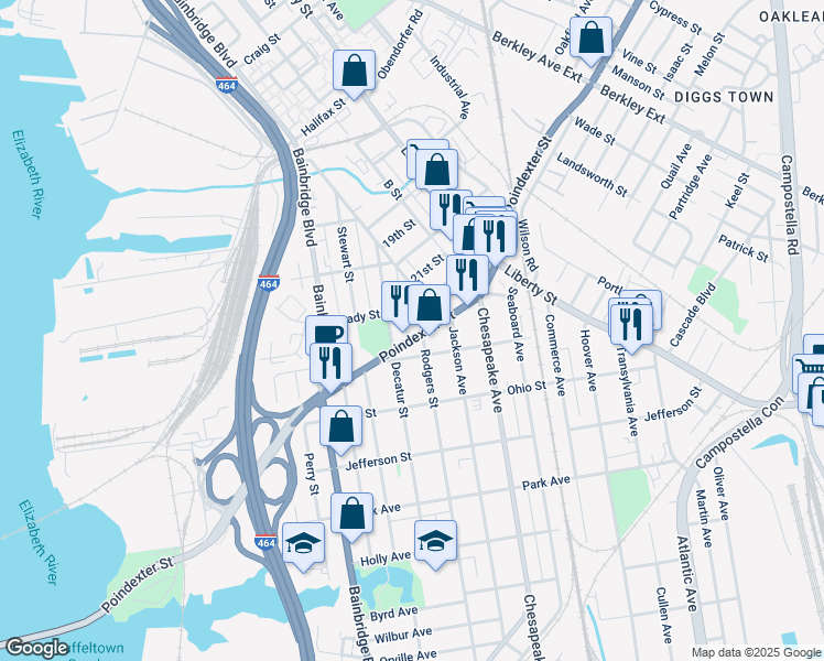 map of restaurants, bars, coffee shops, grocery stores, and more near 1116 Poindexter Street in Chesapeake