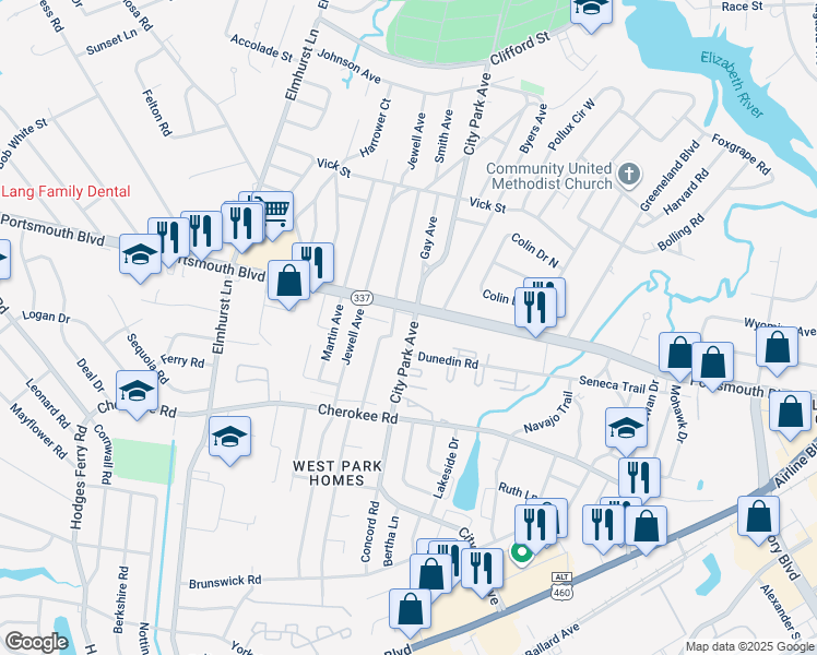 map of restaurants, bars, coffee shops, grocery stores, and more near 1008 City Park Avenue in Portsmouth
