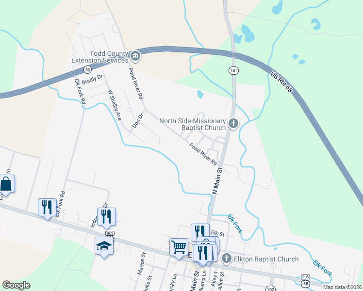 map of restaurants, bars, coffee shops, grocery stores, and more near 125 Pond River Road in Elkton