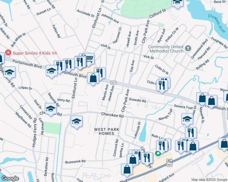 map of restaurants, bars, coffee shops, grocery stores, and more near 1009 Jewell Avenue in Portsmouth