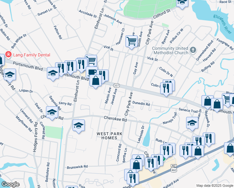 map of restaurants, bars, coffee shops, grocery stores, and more near 1009 Jewell Avenue in Portsmouth