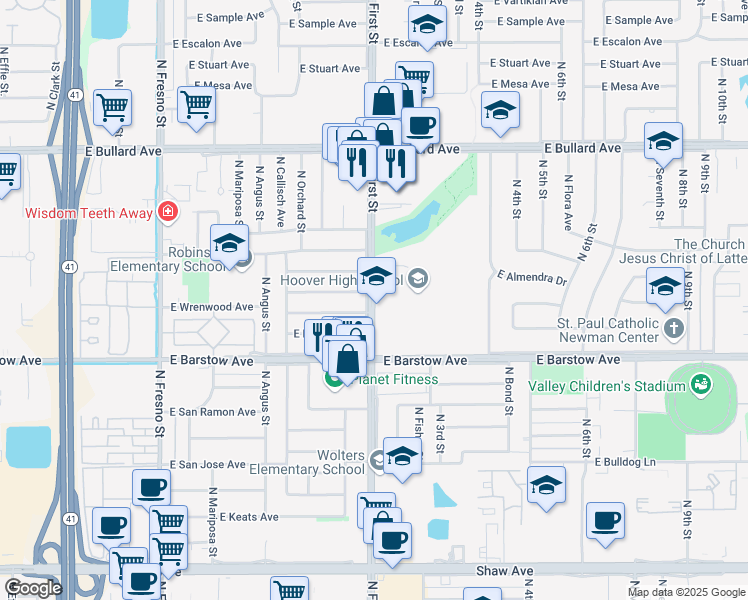 map of restaurants, bars, coffee shops, grocery stores, and more near 5550 North First Street in Fresno