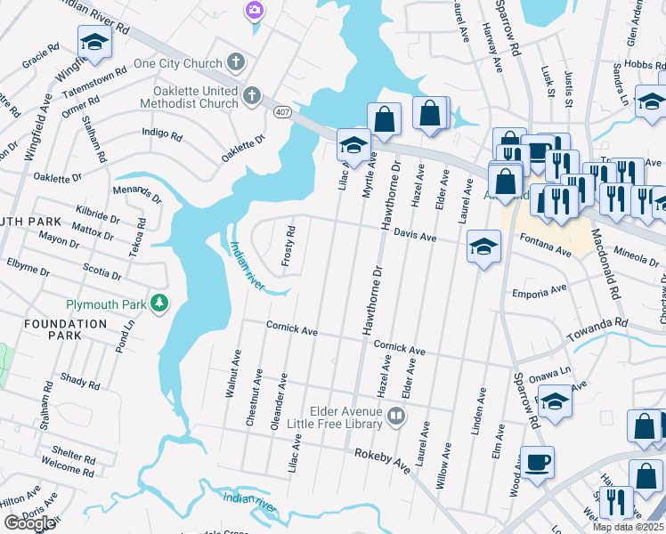 map of restaurants, bars, coffee shops, grocery stores, and more near 1226 Lilac Avenue in Chesapeake