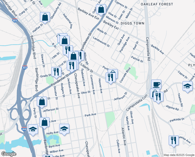 map of restaurants, bars, coffee shops, grocery stores, and more near 1112 Hoover Avenue in Chesapeake